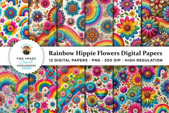 Download Rainbow Hippie Flowers Digital Papers - Hippie Collection